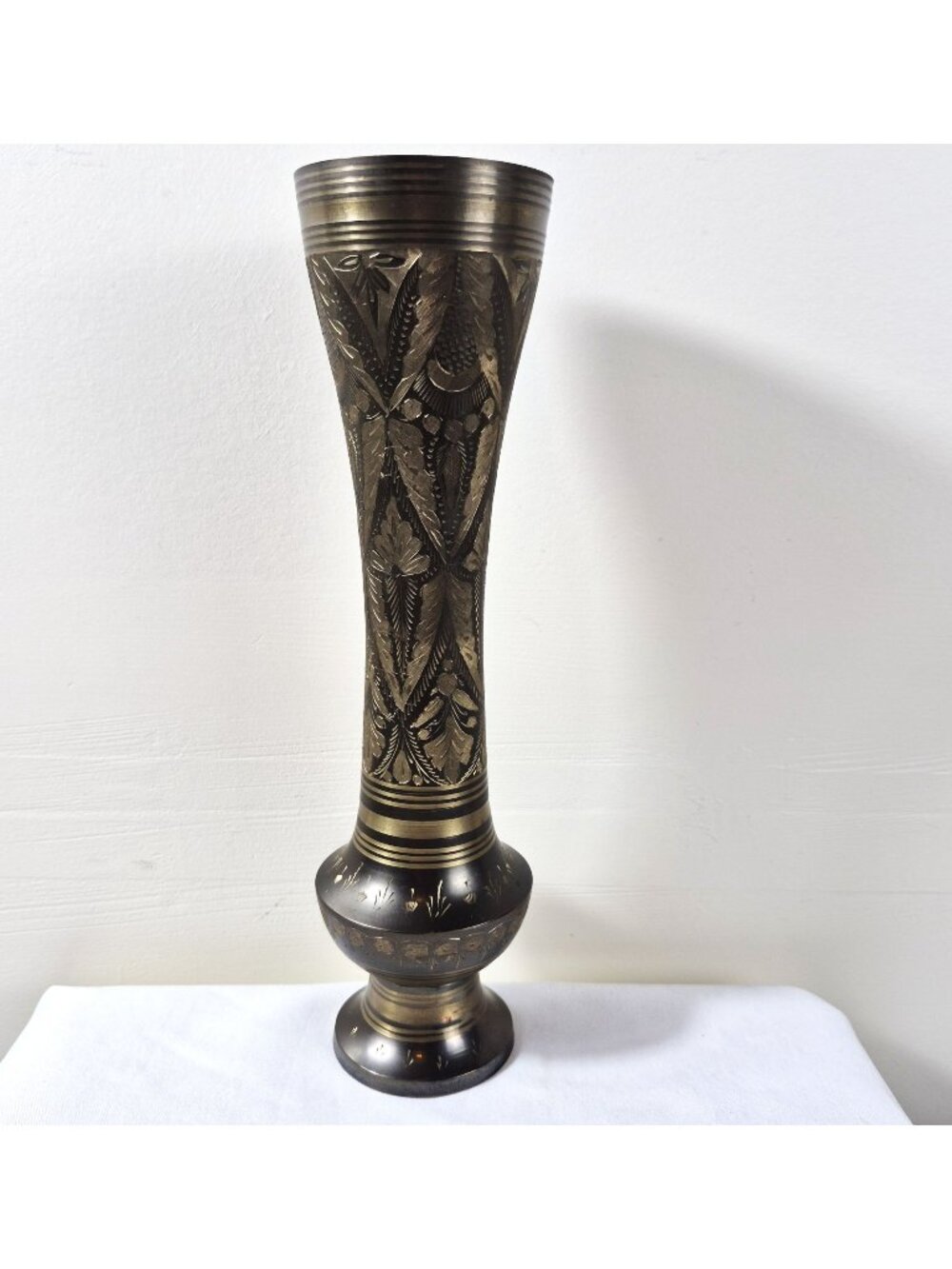Vintage Engraved Brass Vase 12" Tall Floral Etched Hand Decorated Boho Decor